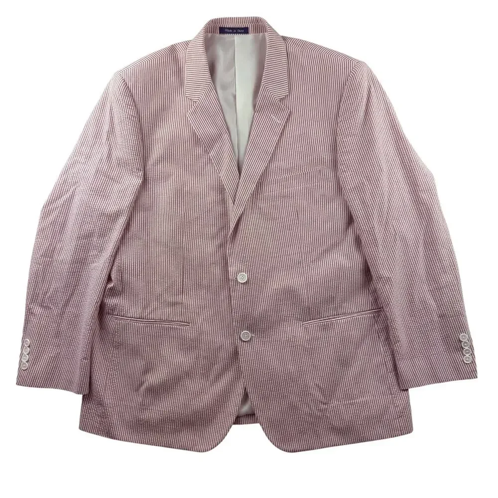 Alan Flusser Seersucker Sport Coat Men's 48R Red White Striped Blazer Preppy